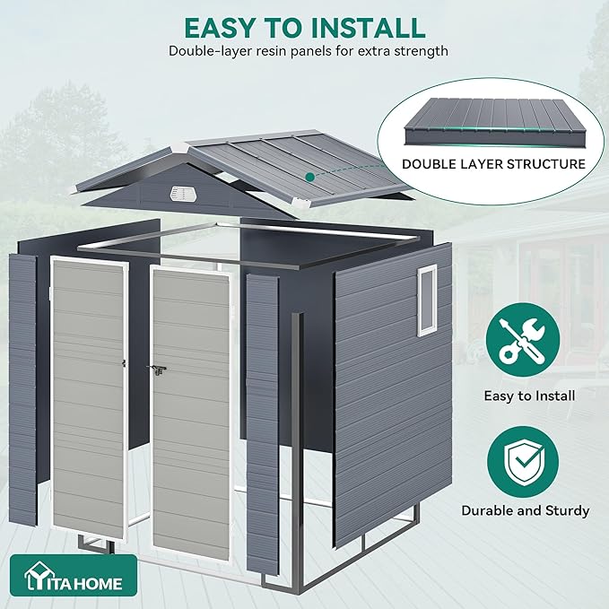 YITAHOME 6x6FT Resin Storage Unit sans Flooring, All-Weather Plastic Shed with Window, Vents and Secured Doors, Outdoor Plastic Tool Cabin for Poolside, Lawn, Backyard, Patio, Dark Gray