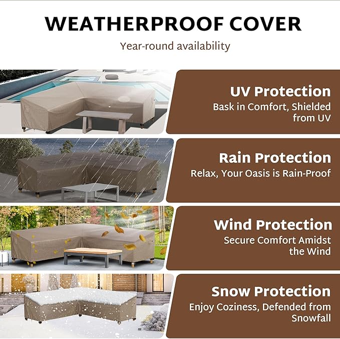 iBirdie Outdoor Sectional Cover fit 80 x 80 inch, 79 x 78, 77 x 76, 75 x 74 L-Shaped Patio Sofa Waterproof Weatherproof 600D Heavy Duty Garden Furniture Cover for Outside L Shape Couch, Brown