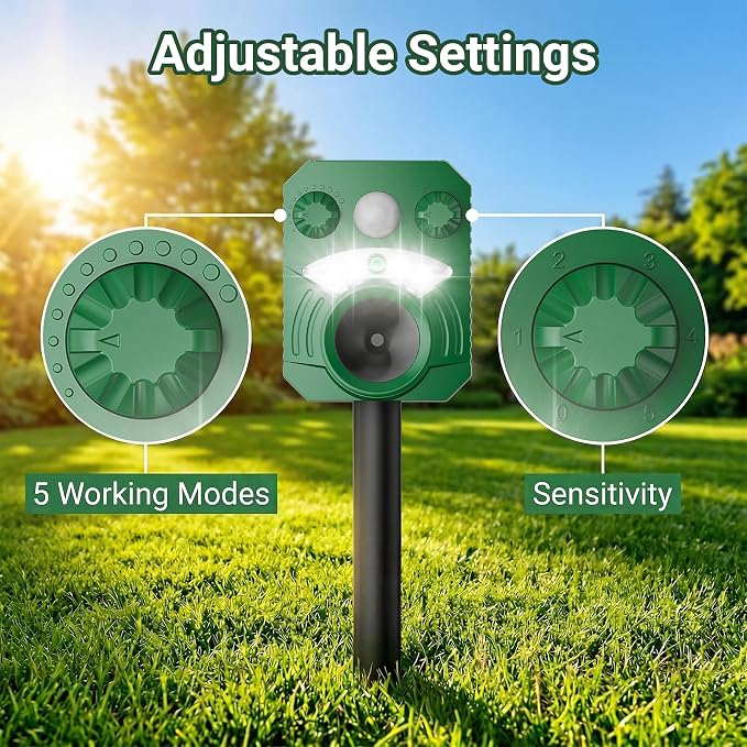 Cat Repellent Outdoor Deer Repellent Device Dog Repeller Solar Animal Repellent Ultrasonic Squirrel Repeller Waterproof with Flashing Light Motion Activated Sensor 2 Pack