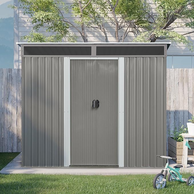 YOPTO 8FT x 6FT Outdoor Metal Storage with Lockable Sliding Doors and Transparent Plate,Waterproof Cabinet w/Ventilation & Foundation,Garden Organizer Tool House for Backyard Patio,Gray