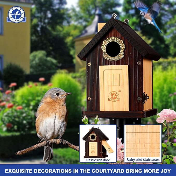 SISTERBIRD Bluebird House, Premium Bird Houses for Outside, Wooden Cabin Blue Bird Houses for Outdoors, Courtyard Decorated Hanging Bird House
