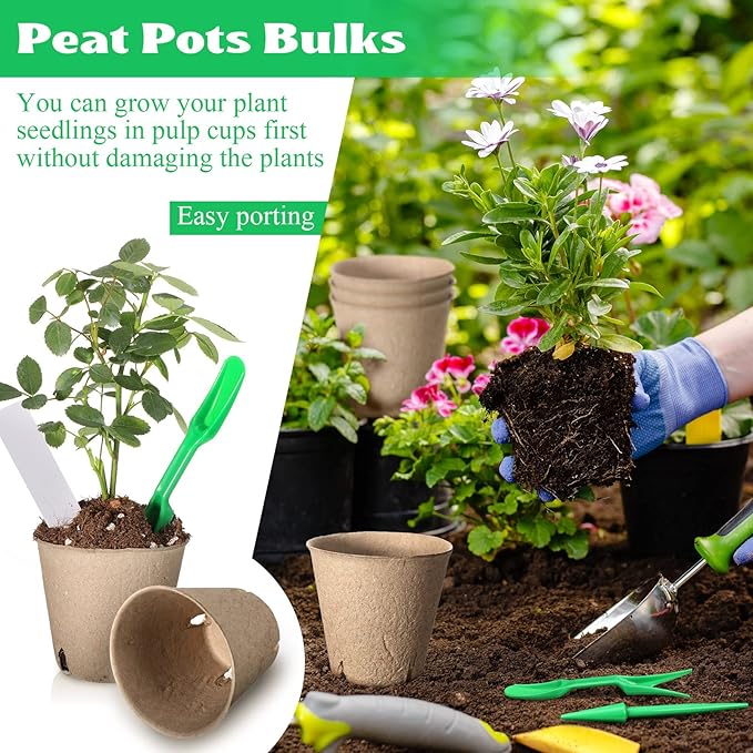 Nuogo 240 Pcs Peat Pots Starters Kit for Seedling 3.15 Inch Biodegradable Small Nursery Pots Planting Peat Trays with 120 Labels and 2 Transplant Tool for Flower Fruit Vegetable Seed Germination