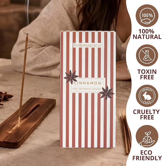 Folkulture Cinnamon Incense Sticks (120 Sticks) | Warm & Spicy Aroma Incense for Relaxation, Home Fragrance, Meditation & Yoga | Long Burning 45 Mins, Non Toxic, Charcoal Free Incense Sticks