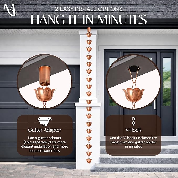 Monarch Rain Chains Pure Copper Lotus Cup Rain Chains for Gutters – 8.5 ft Decorative Rainchain Outdoor Durable Heavy Duty Gutter Chain Downspout Replacement, Modern Rainchains for Outside