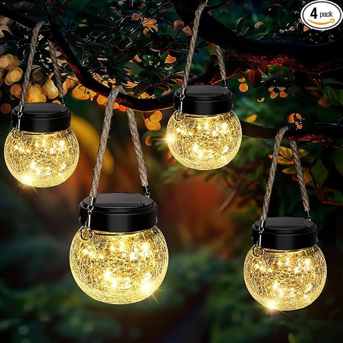 ROSHWEY 4 Pack M Size Solar Lantern Gifts for Women, Hanging Garden Decor Solar Lights Outdoor Waterproof with 15 LED for Halloween Christmas Easter Gift