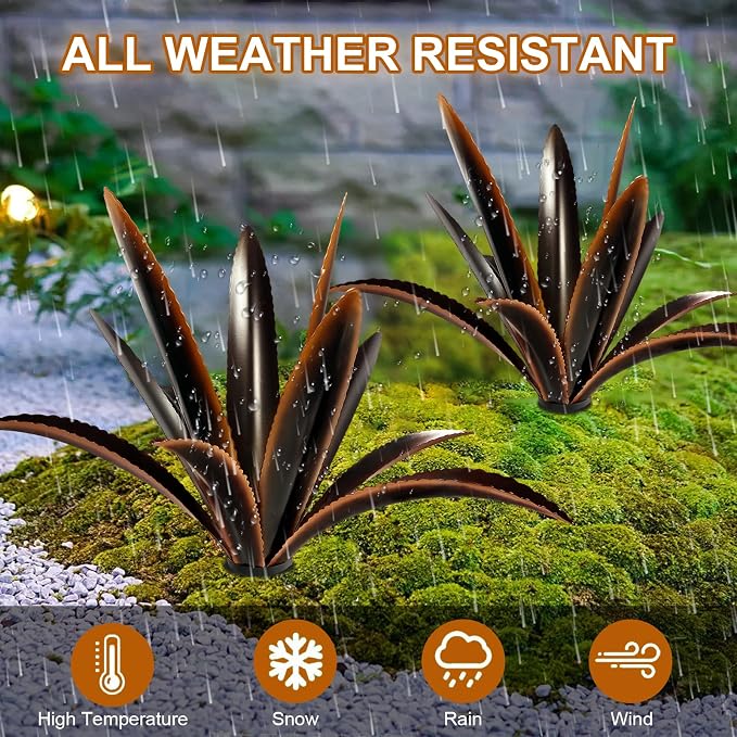 TOMBABY Enlarge Thickened Wind Resistant Metal Agave Garden Art Plant Country Garden Sculpture Statue Outdoor Decoration Agave Metal Plant Courtyard Ornament Gift (2, 12 Leaves Black)