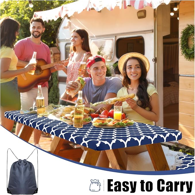 Smiry Picnic Table Cover with Bench Covers, Waterproof Elastic Fitted Tablecloth for 5 Foot Tables, Washable Polyester Tablecloths for Camping, Indoor & Outdoor (Navy, 30x60 Inch 3-pc Set)