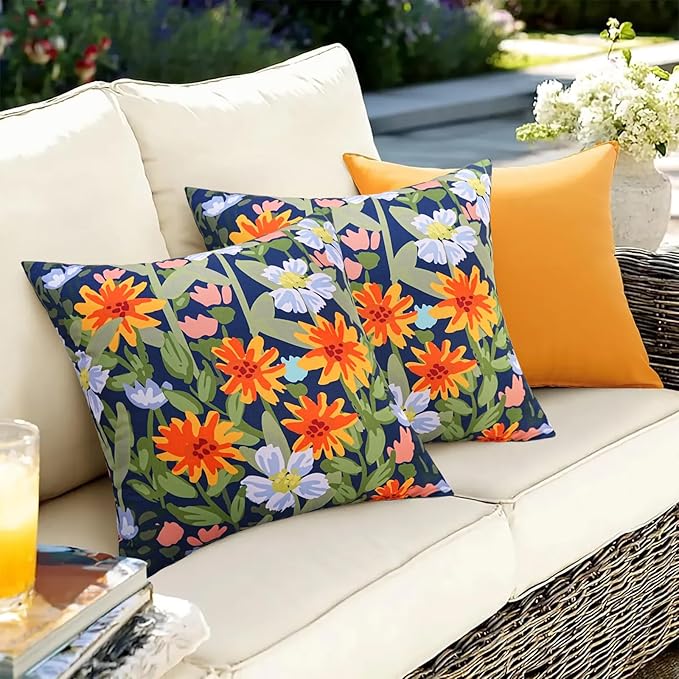 Pyonic Spring Summer Floral Outdoor Pillow Covers 16x16 inch Waterproof Throw Pillow Covers Outdoor Pillows for Patio Furniture Garden Bench Porch,Navy Blue