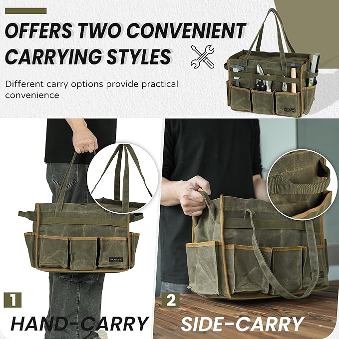 Tool Bag, Heavy Duty 16oz Waxed Canvas Garden Tool Organizer Tote with Reinforced Bottom, Large Capacity & 11 Slots, Dual Handles Tool Carrier for Gardening Carpentry DIY Tools | Army Green