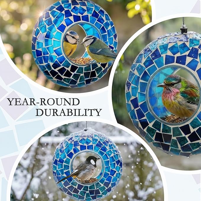 6 Inch Mosaic Glass Hanging Bird Feeder for Outdoors，Fly Through Bird Feeders for Wild Birds, Cute Seed Container with Round Shape for Backyard Window Garden Porch Decor, Ocean Blue Mosaic
