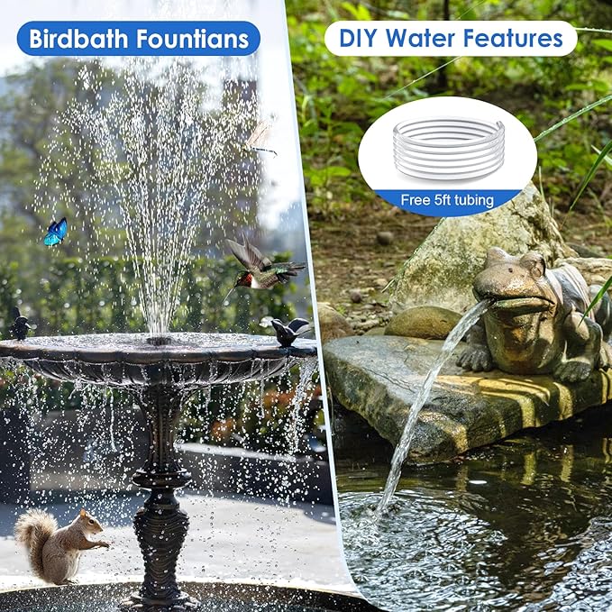 POPOSOAP Solar Fountain Pump for Bird Bath, 6.5W Solar Water Fountain Pump with Upgraded Dry-Run Protection & Double-Layer Nozzles 5Ft Tubing for Pond, Bird Bath, Backyard Water Feature P1065