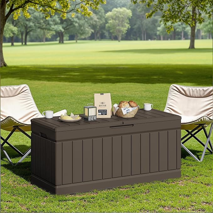 JUMMICO 78 Gallon Outdoor Deck Box Large Resin Storage Box for Patio Furniture Cushions and Garden Tools (Brown)