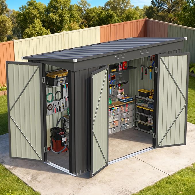 Patiowell 8x4 FT Outdoor Storage Shed, Heavy Duty Tool Metal Sheds with 3 Lockable Doors and Updated Frame Structure for Garden, Backyard, Patio, and Utility Storage, Black