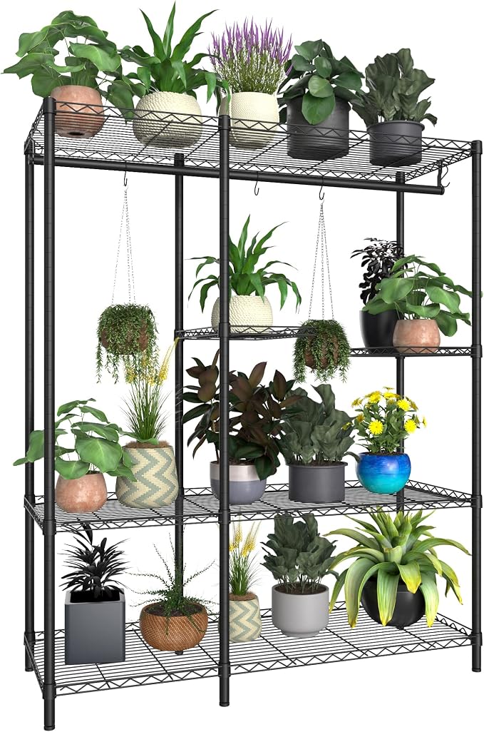 Xiofio 5-Tier Plant Stand for Indoor Outdoor, Large Reinforced Plant Shelf for Hanging Multiple Plants Plant Rack ,Adjustable Plant Stand Suitable for Bedroom Living Room Balcony Garden,Black
