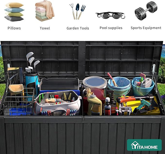 YITAHOME 220 Gallon XL Deck Box Large Outdoor Storage w/Divider for Patio Furniture,Outdoor Cushions, Garden Tools, Sports Equipment and Pool Supplies, Waterproof, Resin, Lockable, Black