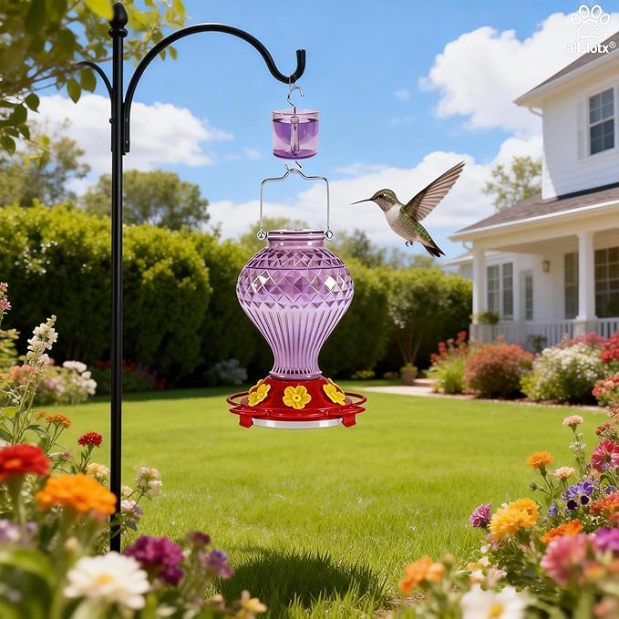 Glass Hummingbird Feeder for Outdoors Hanging, 20 oz Nectar Capacity, 6 Feeding Ports, Leak-Proof Rust-Free Plastic Base, Easy to Refill & Clean, Decorative Purple Glass Bird Feeder for Garden Patio