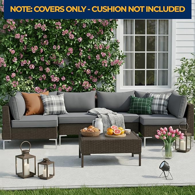HOMREST 14-Piece Outdoor Cushion Covers Set for Patio Furniture, Reversible Double-Sided Sofa Slipcovers with Zipper, Water-Repellent Replacement Covers Only (Grey, 25.6×25.6×3.9in)