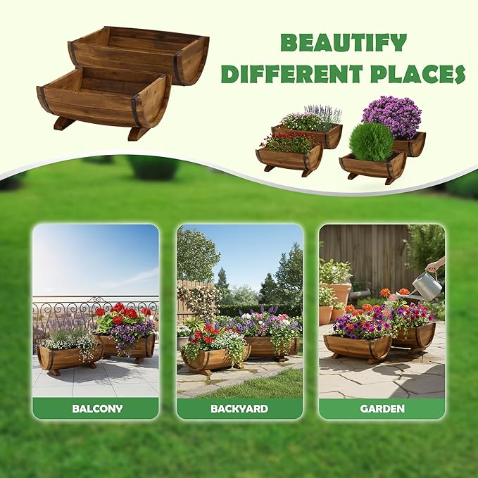 IDZO Solid Acacia Wood Half Barrel Planters Outdoor Set of 2 Different Sizes, Wooden Planters for Outdoor Plants with Metal Bands & Drainage Holes, Legs Included, Brown