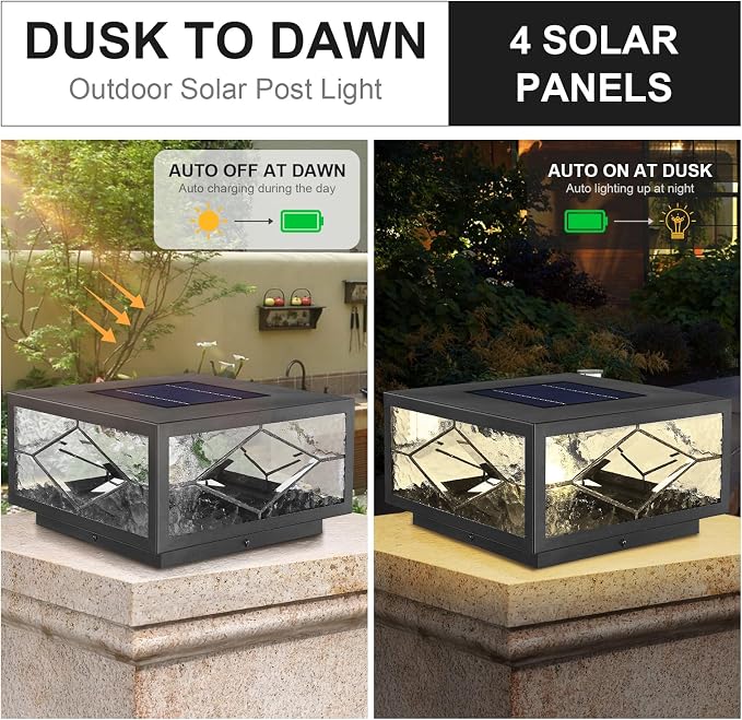 Solar Fence Post Lights Outdoor Waterproof LED with Remote Control, Solar Panel Powered Dusk to Dawn Cap Pillar Lighting, Waterproof Fence Post Cap Light for Deck Garden Patio Porch