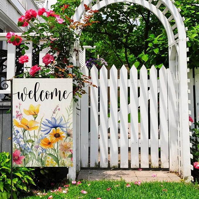 Welcome Summer Flowers Garden Flags for Outside, Watercolor Floral Yard Decoration, Small Seasonal Spring Outdoor Decor for Farmhouse Holiday,12x18 Inch Double Sided