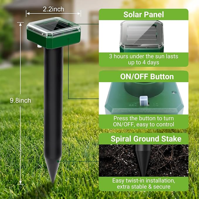 8 Pack Mole Repellent Solar Powered, Gopher Repellent Ultrasonic for Lawns, IP65 Waterproof Mole Deterrent for Yard, Outdoor Pest Control for Groundhog, Vole, Armadillo, Chipmunk, Snake