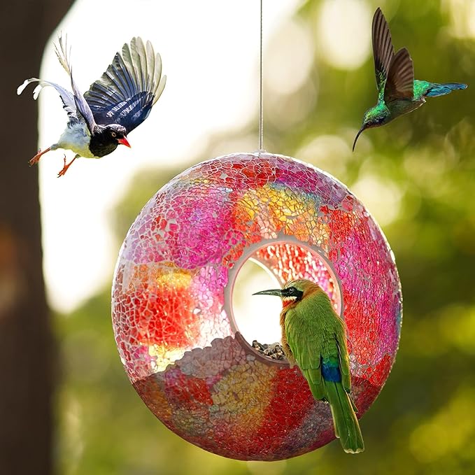 DUSVALLY 9 inch Fly Through Bird Feeder for Wild Birds, Colored Glass Mosaic Outdoor Hanging Feeder - Squirrel Proof Design, Easy to Clean, Weather Resistant Garden Decor for Hummingbirds Finches