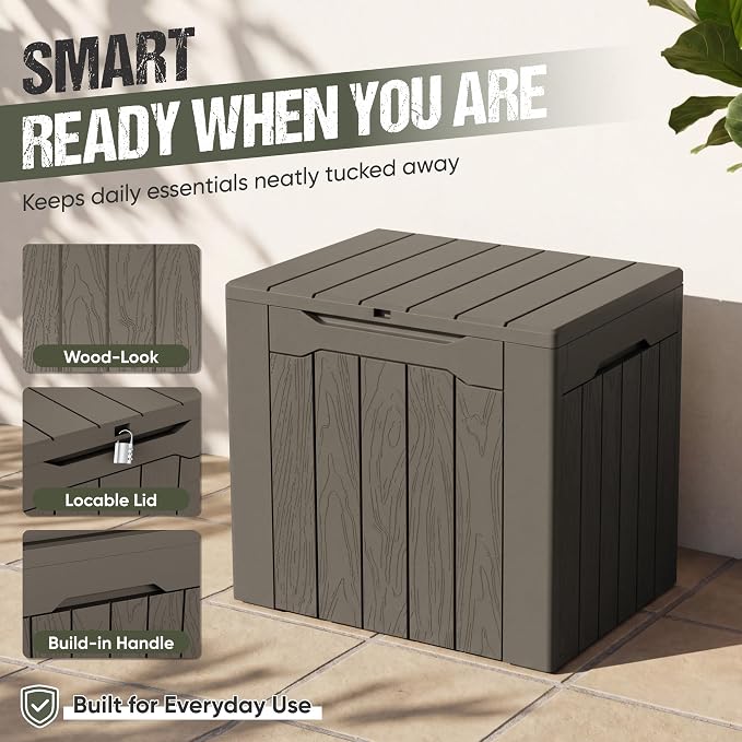 Flamaker Deck Box 30 Gallon, Waterproof Resin Small Storage Box with Lid, Outdoor Patio Furniture Cushion Garden Tool Organizer, Lockable Package Delivery Box for Porch Balcony (Deep Brown)
