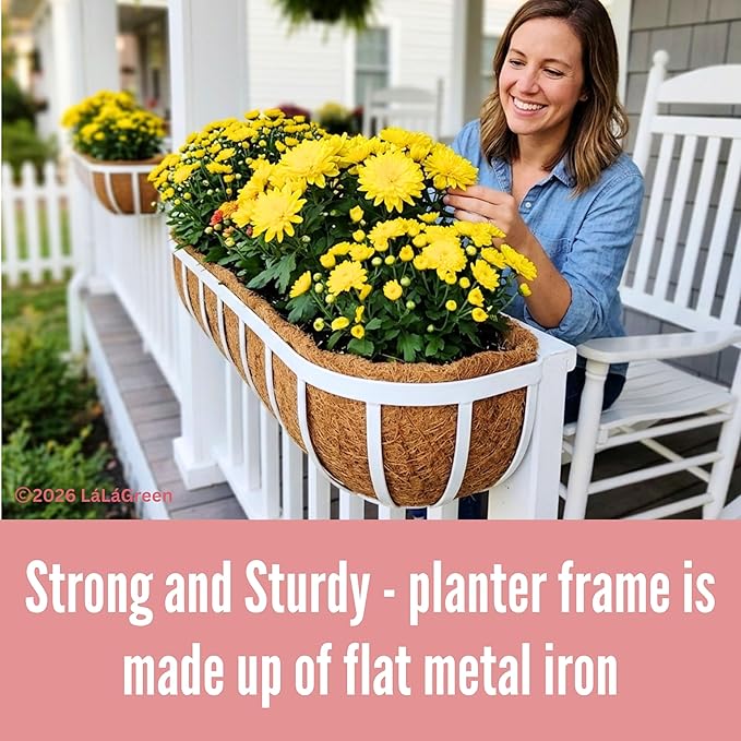 LaLaGreen Deck Railing Planter Boxes (2 Pack, 30") White Metal Rectangular Window Flower Box with Coco Liner, Large Wall Hanging Planter for Outdoor Plants Balcony Fence Deck Rail Porch Patio Garden