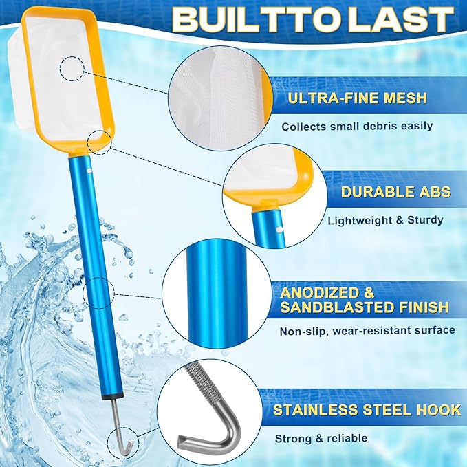 22.5in 2-in-1 Pool Skimmer Tool with Stainless Steel Hook and Detachable Fine Mesh Net, Includes Skimmer Basket Handle, for Above Ground and Inground Pools