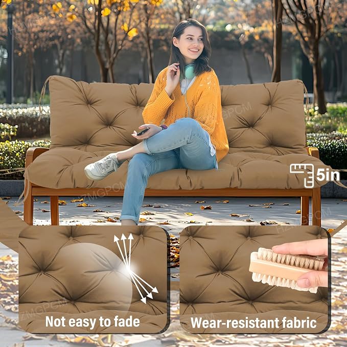 Extra Thick 5" Waterproof Porch Swing Cushions Outdoor 60 inch Swing Cushions 3 Seater Replacement with Backrest and Ties for Outdoor Furniture Patio Bench Garden (Brown)