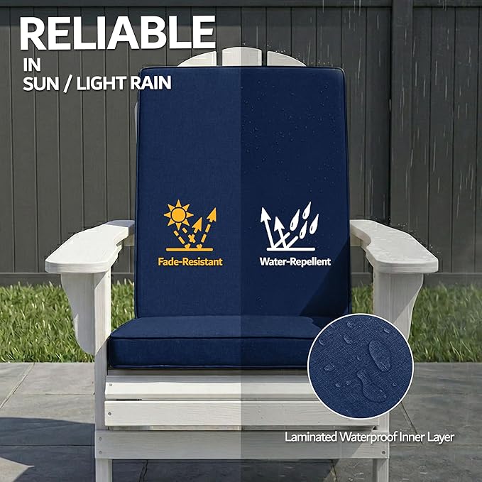 Adirondack Chair Cushions Set of 4 - Removable Covers, Water-Repellent & Fade-Resistant Faux Linen, Securing Straps, Non-Slip Bottom, Fit for Most Outdoor Adirondack & Rocking Chairs - Navy