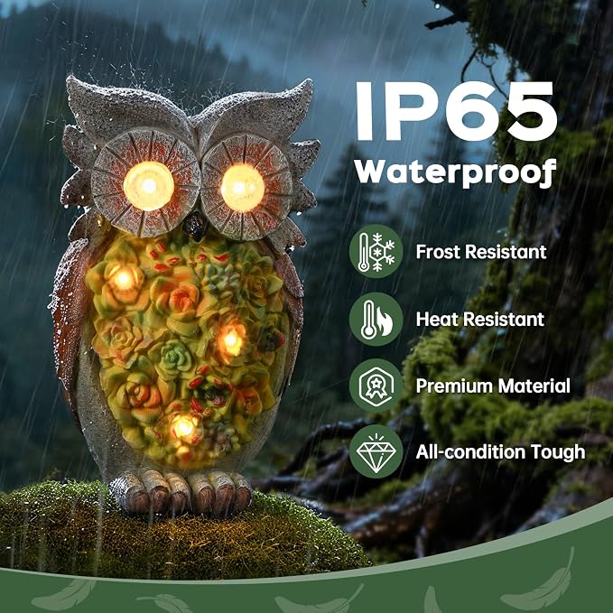 Solar owl Garden Statues Outdoor Decor, Resin Owl Figurine Decorations with Solar Light, Whimsical Owl Sculpture for Patio, Balcony, Yard, Lawn Ornament, Perfect Garden