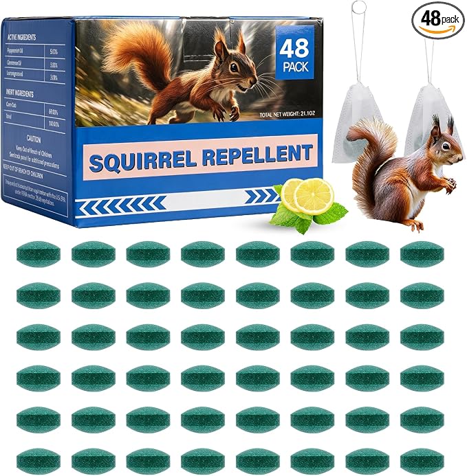 48 Pack Squirrel Rodent Repellent, Peppermint Lemon Oil Mice Repellent for Mouse Rats Spider Pests, Natural Deterrent for Kitchen, Warehouse, Car, Indoor, Outdoor, Safe for Pets Family