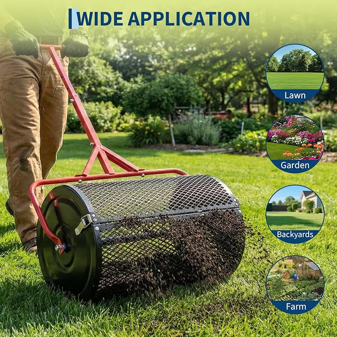 Compost Spreader, 24 Inch Peat Moss Spreader with Handle, 3 Heights Adjustable, Powder Coated Metal Mesh Top Dressing Spreader for Lawn, Planting Seeding