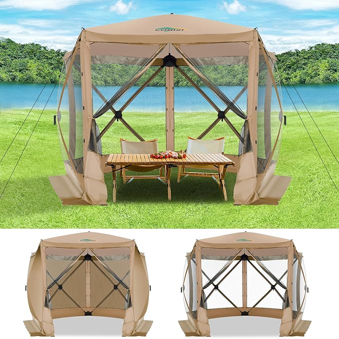 COBIZI 10x10 FT Pop up Gazebo, Popup Canopy Tent, Screened in Gazebos with sidewalls, Waterproof Portable Outdoor Small Screen Tents Sun Shelter,carpas para Patio for Camping,Garden,Backyard,Khaki