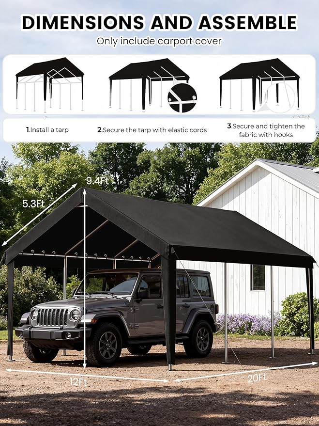 12 x 20 Ft Carport Replacement Cover, Heavy Duty Outdoor Car Tarp Canopy, Waterproof & UV Protected Tear Oxford Tarp with Ball Bungees (Frame is Not Included)