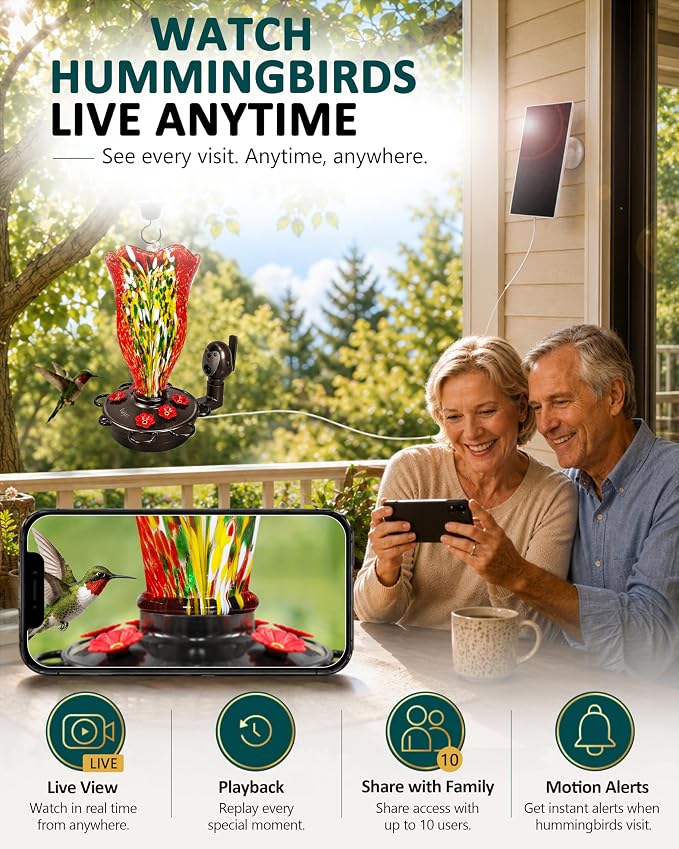 LUJII Smart Hummingbird Feeder with Camera, Hand Blown Glass for Outdoor Hanging, Solar WiFi Feeder with Live View App, 6 Feeding Ports, Leak-Resistant Design, Ant Moat & Gift Box, 32 fl oz, Red