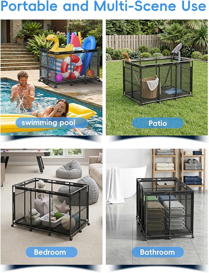 Pool Float Storage - Rolling Mesh Pool Storage Bin for Noodles, Goggles, Floats & Balls, XXL Large Outdoor Pool Toy Organizer with Wheels for Swimming Accessories, Black