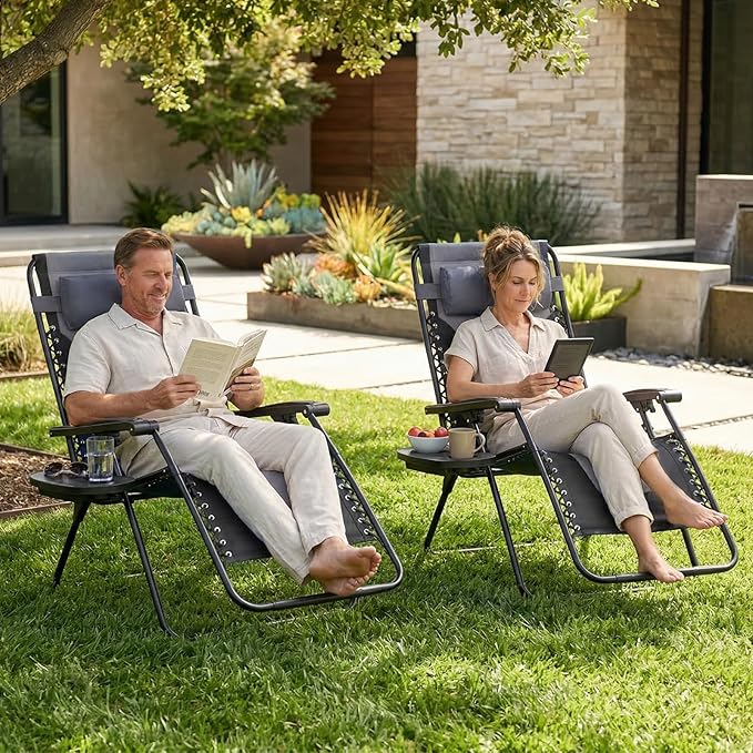 Sweetcrispy Zero Gravity Chairs, Foldable Patio Reclining Chairs with Adjustable Pillow & Cup Holder, Oversized Portable Support 400 lbs, for Backyard Camping(Black-Gray)