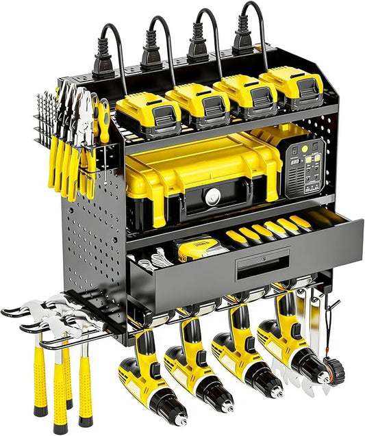 Power Tool Organizer Wall Mount Heavy Duty 130 lbs, 4 Layers Storage Rack with 6 Drill Holders & Battery Storage, Cordless Tool Organizer for Garage, Workshop & Tool Room