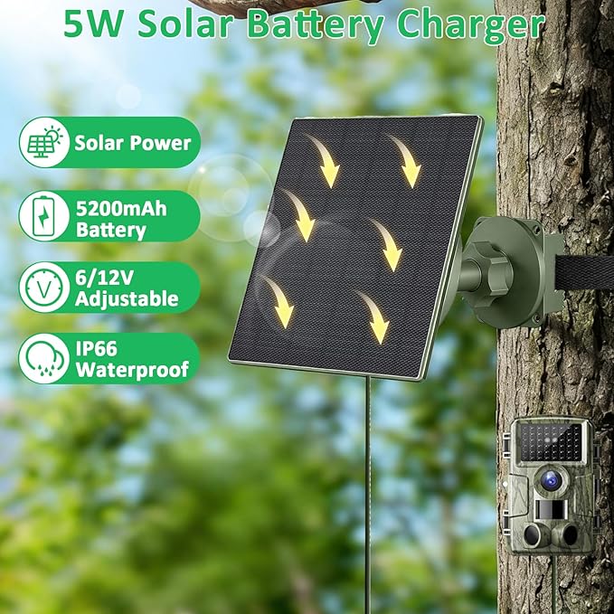 FUTUREZEN 5W Solar Panel for Trail Cameras, DC & USB-C Solar Charger with 5200mAh Battery, 6V/12V Adjustable Output, IP66 Waterproof, 9.8ft Cable