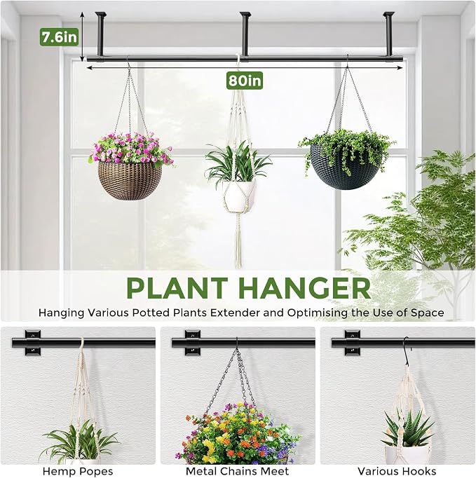 Window Plant Hanger for Indoor Plants, 80 Inch Hanging Plant Rod, 1 Inch Diameter Metal Rod, Hanging Plant Holder for Window Wall, Matte Black, Square Flange Base, Pots Not Included