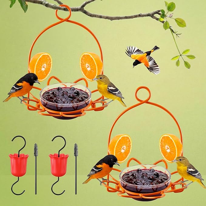 2 Pack Oriole Feeder for Outdoors, Metal Oriole Bird Feeder with Jelly Cup & Orange Pegs, Includes Ant Moat & Cleaning Brush, Hanging Bird Feeders for Backyard & Garden