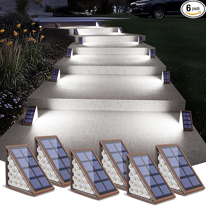NIORSUN Solar Stair Lights,Cool White Outdoor Step Lights IP67 Waterproof Auto On Off, Outdoor Stair Lights for Steps,Stair,Patio,Yard,Porch,Front Door,Sidewalk,Deck Decor（Brown, 6 Pack）