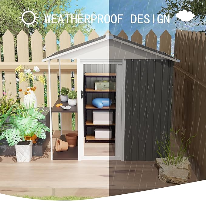 KEIKI 6x4 FT Outdoor Storage Shed with Rack, Metal Garden Shed with Storage Shelves, Bike Storage Tool Cabinet Box for Lawn, Backyard, Patio