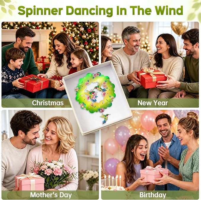 Hummingbird Wind Spinners Outdoor Decor, IDEA SHOW 12 in 3D Kinetic Stainless Steel Hanging Wind Spinner Sculpture with Pendant, Rustproof Metal Yard Art Garden Decorations, Unique Gifts for Women Mom