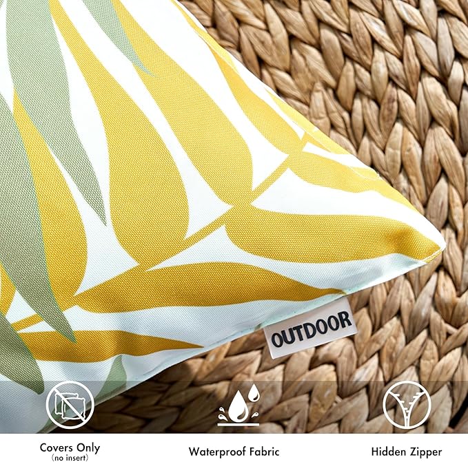 MIULEE Pack of 2 Decorative Outdoor Waterproof Throw Pillow Covers Patio Pillow Cases Natural Leaves Pattern Spring Square Cushion Shams Shell for Garden Balcony Couch 16x16 Inch, Green&Yellow