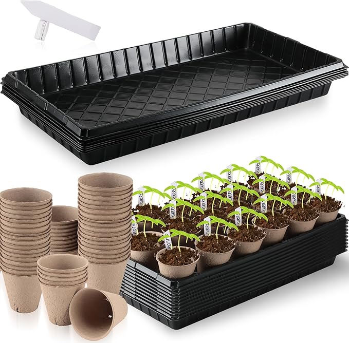 Vesici 220 Pcs Seed Starter Tray Kit Include 180 Peat Pots with Drainage Holes 10 Plastic Growing Trays, Plant Germination Trays for Seedling 30 Plant Labels for Greenhouse Seedling