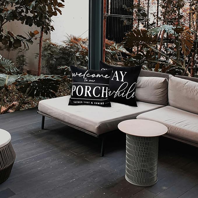 TAJWE Outdoor Pillow Covers Waterproof 18x18 Set of 2 Black and White Decorative Welcome to Our Porch Stay Awhile Cushion Cases for Patio Furniture Sofa Couch Decor