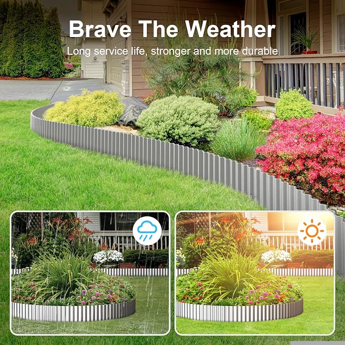 Land Guard Corrugated Garden Edging Border,12" x 50' Landscape Paver Edging, Tall Landscape Edging, Fence for Garden, Flower Bed, Lawn and Landscape Edging (Silver)